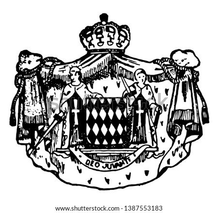 Monaco Coat of Arms is a king and queen coat, vintage line drawing or engraving illustration.