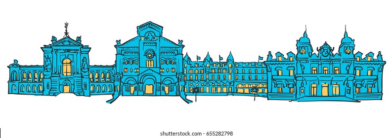 Monaco, Colored Panorama, Filled with Blue Shape and Yellow Highlights. Scalable Urban Cityscape Vector Illustration 