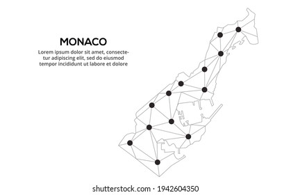 Monaco communication network map. Vector image of a low poly global map with city lights. Map in the form of lines and dots