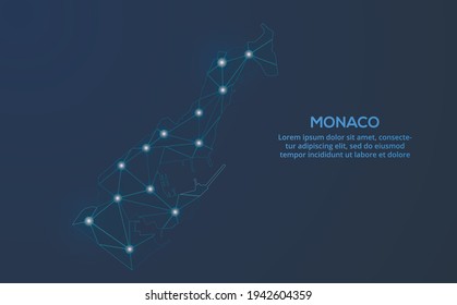 Monaco communication network map. Vector low poly image of a global map with lights in the form of cities. Map in the form of a constellation, mute and stars