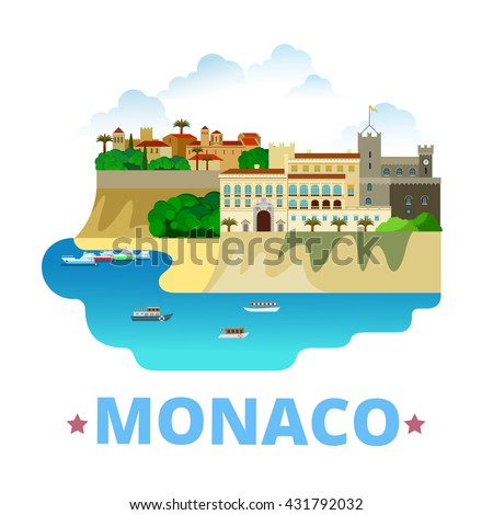 Monaco country design template. Flat cartoon style historic sight showplace web site vector illustration. World vacation travel sightseeing Europe European collection. Prince's Palace Monaco City.