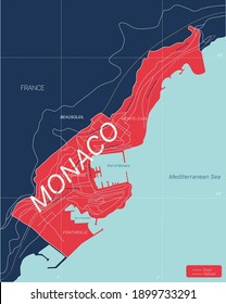 Monaco country detailed editable map with regions cities and towns, roads and railways, geographic sites. Vector EPS-10 file