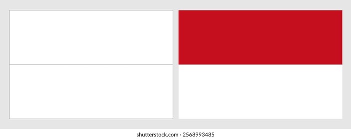 Monaco flag - coloring page. Set of white wireframe thin black outline flag and original colored flag.