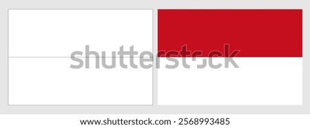 Monaco flag - coloring page. Set of white wireframe thin black outline flag and original colored flag.