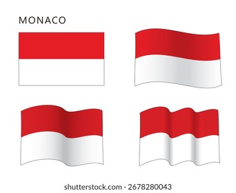 Bandera de Mónaco en configuración plana y ondulada, Ilustración vectorial aislada sobre fondo blanco, eps