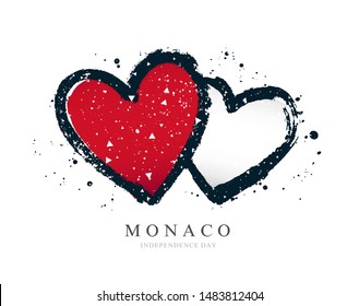 Monaco flag in the form of two hearts. Vector illustration on a white background. Brush strokes are drawn by hand. Independence Day.