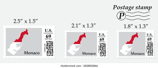 Monaco flag map on postage stamp different size.
