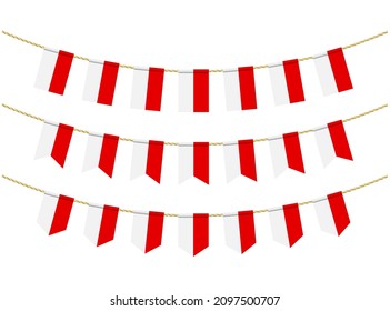 Bandera monegasca sobre las cuerdas de fondo blanco. Juego de banderas Patrióticas. Decoración de la bandera de Mónaco