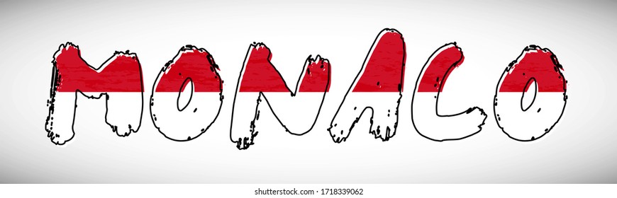 Monaco flag on text typography. Country name banner strip. Creative typography background