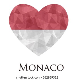 Monaco flag shape heart in geometric rumpled triangular low poly origami style graphic illustration,mosaic polygonal style.Symbol of love to country.Retro or vintage style background.
