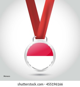 Monaco Flag in Silver Medal. Vector Illustration. RIO Olympic Game silver Medal. Vector Illustration