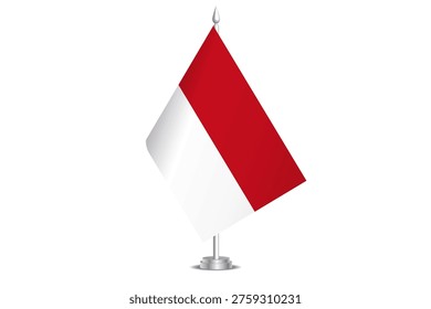 Monaco flag - wavy stick flag of country, cultural identity and heritage. Represents national pride and unity. Vector table flag hanged on the short hoist. Isolated on white background
