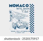  Monaco Grand Prix vector art, retro vintage Monaco racing track with car vector illustration, Monaco racing club artwork for t shirt, sticker, poster, graphic print  