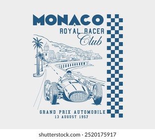  Monaco Grand Prix vector art, retro vintage Monaco racing track with car vector illustration, Monaco racing club artwork for t shirt, sticker, poster, graphic print  