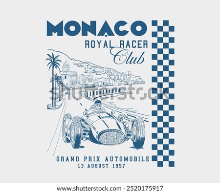  Monaco Grand Prix vector art, retro vintage Monaco racing track with car vector illustration, Monaco racing club artwork for t shirt, sticker, poster, graphic print  