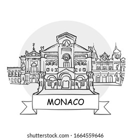 Monaco Hand-Drawn Urban Vector Sign. Black Line Art Illustration with Ribbon and Title.