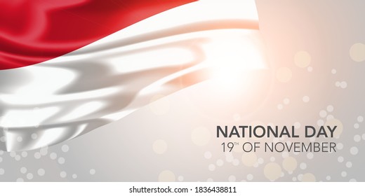 Monaco happy national day vector banner, greeting card. Monacan realistic wavy flag in 19th of November patriotic holiday horizontal design