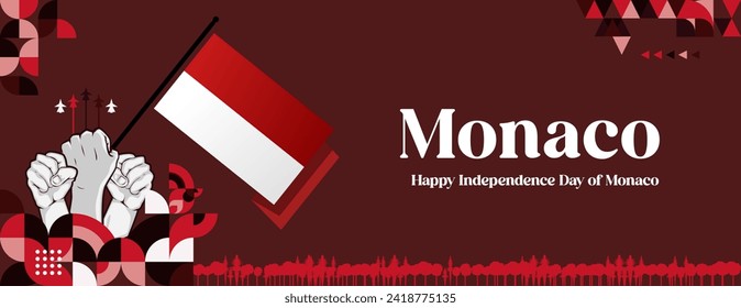 Monaco Independence Day banner in colorful modern geometric style. Happy independence and national day greeting card cover with typography. Vector illustration for national holiday celebration party