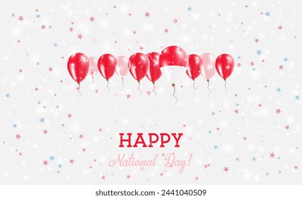 Monaco Independence Day Sparkling Patriotic Poster. Row of Balloons in Colors of the Monegasque Flag. Greeting Card with National Flags, Confetti and Stars.
