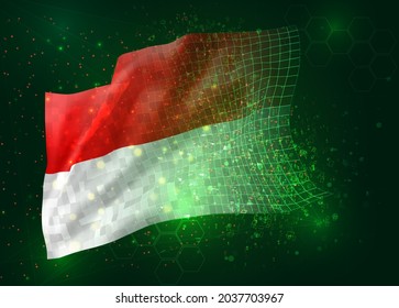 Monaco, Indonesia, on vector 3d flag on green background with polygons and data numbers