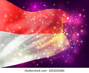 Monaco, Indonesia, vector 3d flag on pink purple background with lighting and flares