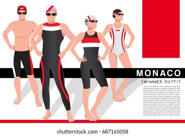 Monaco : Male and Female Swimmers : Swimmers in National Swimsuits : Vector Illustration