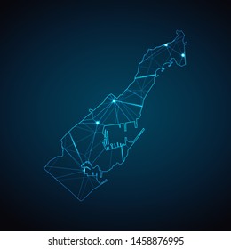Monaco Map - Abstract geometric mesh polygonal network line, structure and point scales on dark background with lights in the form of cities. Vector illustration eps 10.
