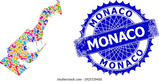 Monaco map abstraction. Splash mosaic map and rubber stamp seal for Monaco. Sharp rosette blue seal with caption for Monaco map. Mosaic vector Monaco map designed with random colorful spots.