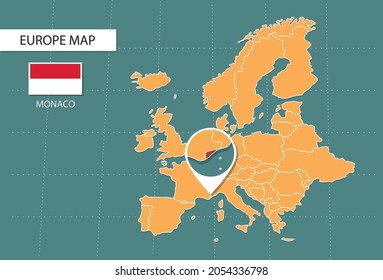 Monaco map in Europe zoom version, icons showing Monaco location and flags.