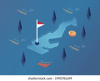 Diseño de ilustraciones de mapas, banderas y monedas isométricas modernas de negocios y economía de Mónaco