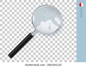 Monaco map with flag in magnifying glass on transparent background. Vector loupe with map.