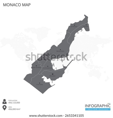 Monaco map high detailed with regions and cities of the country on white background. Vector illustration EPS10.