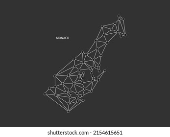 Monaco Map Point scales on black background. Wire frame polygonal network white line, dot and shadow dot.