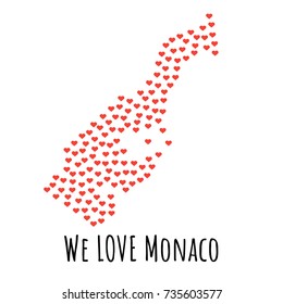 Monaco Map with red hearts- symbol of love. abstract background with text We Love Monaco. vector illustration. Print for t-shirt