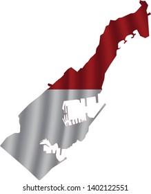Monaco map with rippled flag on white illustration. Waving Fabric Flag Map of Monaco. Map of Europe. Vector White Background. Vector illustration eps10.