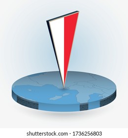 Monaco map in round isometric style with triangular 3D flag of Monaco, vector map in blue color. 