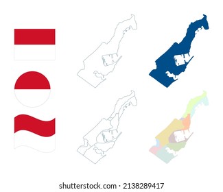 Monaco map. Sovereign city-state and microstate; Detailed blue outline and silhouette. Administrative divisions and quartiers. Country flag. Set of vector maps. All isolated on white background.