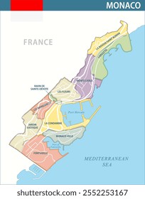 Monaco Map Vector New 2024 Colorful - Customizable layered political map of Monaco with administrative divisions for website, education, reports, news, politics, print, poster and wallpaper