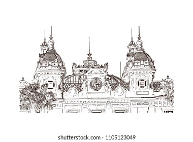 Monaco Monte Carlo. Hand drawn sketch illustration in vector.