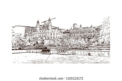 Monaco Monte Carlo. Hand drawn sketch illustration in vector.