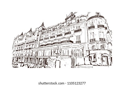 Monaco Monte Carlo. Hand drawn sketch illustration in vector.