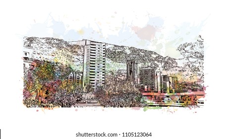 Monaco Monte Carlo. Watercolor splash with Hand drawn sketch illustration in vector.