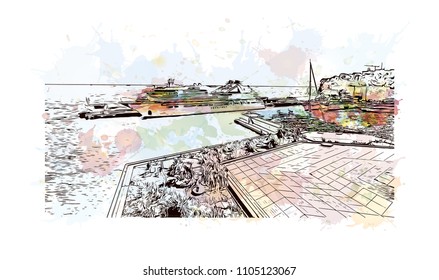 Monaco Monte Carlo. Watercolor splash with Hand drawn sketch illustration in vector.