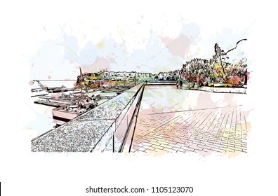 Monaco Monte Carlo. Watercolor splash with Hand drawn sketch illustration in vector.