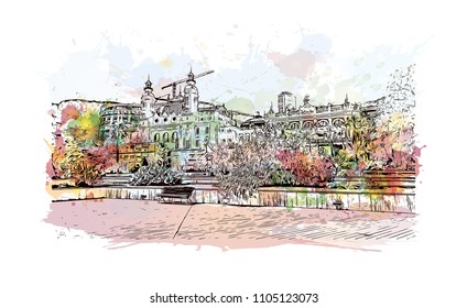 Monaco Monte Carlo. Watercolor splash with Hand drawn sketch illustration in vector.