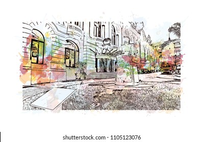 Monaco Monte Carlo. Watercolor splash with Hand drawn sketch illustration in vector.