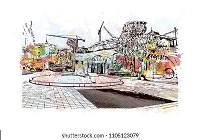 Monaco Monte Carlo. Watercolor splash with Hand drawn sketch illustration in vector.