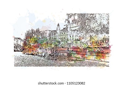 Monaco Monte Carlo. Watercolor splash with Hand drawn sketch illustration in vector.