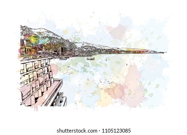 Monaco Monte Carlo. Watercolor splash with Hand drawn sketch illustration in vector.