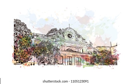 Monaco Monte Carlo. Watercolor splash with Hand drawn sketch illustration in vector.